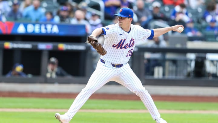 Mar 31, 2024; New York City, New York, USA;  New York Mets relief pitcher Brooks Raley (25) pitches