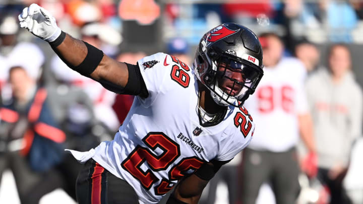 Jan 7, 2024; Charlotte, North Carolina, USA; Tampa Bay Buccaneers safety Christian Izien (29) reacts in the third quarter at Bank of America Stadium. Mandatory Credit: Bob Donnan-USA TODAY Sports