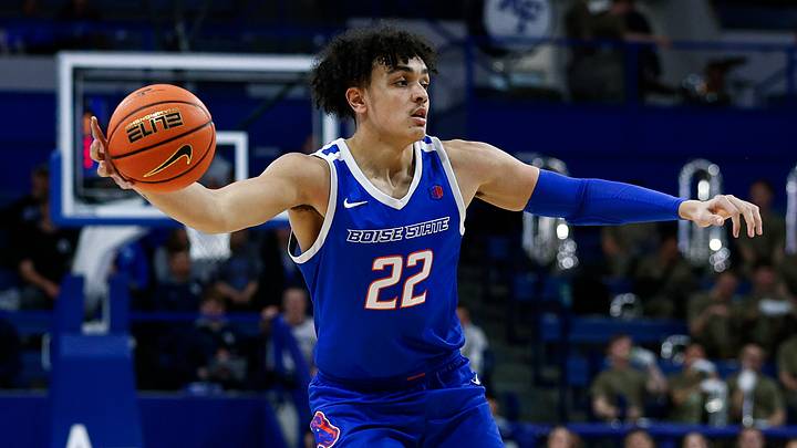 Mar 4, 2025; Colorado Springs, Colorado, USA; Boise State Broncos forward Javan Buchanan (22) controls the ball in the first half against the Air Force Falcons at Clune Arena. Mandatory Credit: Isaiah J. Downing-Imagn Images