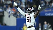 Nov 30, 2025; Indianapolis, Indiana, USA; Houston Texans defensive end Will Anderson Jr. (51) reacts after a play during the second half against the Indianapolis Colts at Lucas Oil Stadium. Mandatory Credit: Robert Goddin-Imagn Images