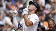 Aug 6, 2025; Detroit, Michigan, USA;  Detroit Tigers outfielder Kerry Carpenter (30) celebrates after he hits a two run home run in the third inning against the Minnesota Twins at Comerica Park.