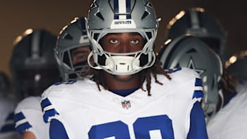Oct 12, 2025; Charlotte, North Carolina, USA; Dallas Cowboys offensive tackle Tyler Guyton (60) prepares to enter the field prior to the game against the Carolina Panthers at Bank of America Stadium. Man