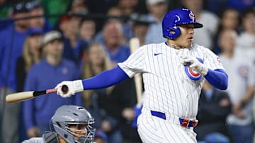 Chicago Cubs designated hitter Moises Ballesteros (25) hits against the Miami Marlins at Wrigley Field. 