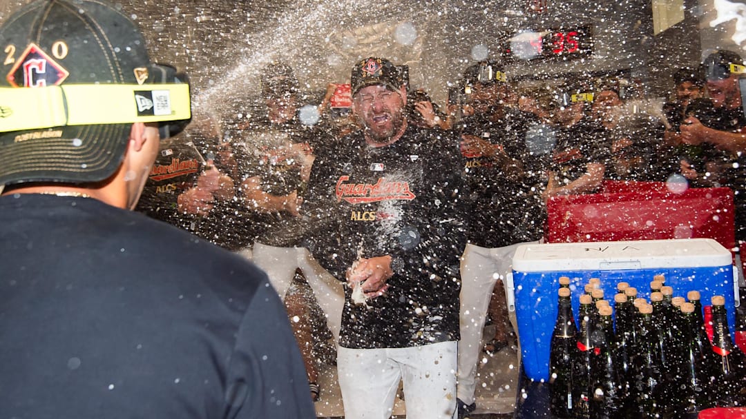 Oct 12, 2024; Cleveland, Ohio, USA; Cleveland Guardians manager Stephen Vogt (12) celebrates after the Guardians beat the Detroit Tigers in game five of the ALDS for the 2024 MLB Playoffs at Progressive Field. Mandatory Credit: Ken Blaze-Imagn Images