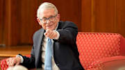 Ohio Gov. Mike DeWine is introduced at the start of an event at the University of Cincinnati's Portman Center for Policy Solutions in Cincinnati on Tuesday, Oct. 21, 2025.