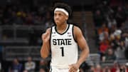 Michigan State Spartans guard Jeremy Fears Jr. celebrates after a play during the second half against the Wisconsin Badgers at Gainbridge Fieldhouse. 