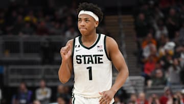 Mar 15, 2025; Indianapolis, IN, USA; Michigan State Spartans guard Jeremy Fears Jr. (1) celebrates after a play during the second half against the Wisconsin Badgers at Gainbridge Fieldhouse. Mandatory Credit: Robert Goddin-Imagn Images