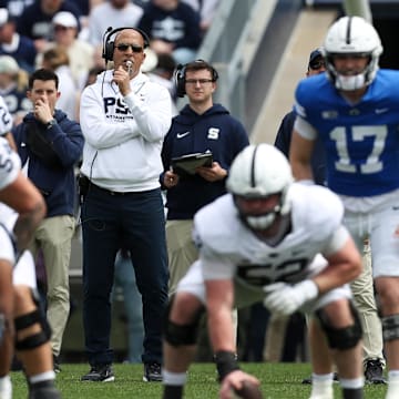 Penn State Nittany Lions head coach James Franklin looks on from the backfield during the Blue-White Game at Beaver Stadium.