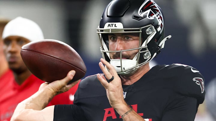 Aug 22, 2025; Arlington, Texas, USA;  Atlanta Falcons quarterback Ben DiNucci (16) warms up before the game against the Dallas Cowboys at AT&T Stadium. Mandatory Credit: Kevin Jairaj-Imagn Images