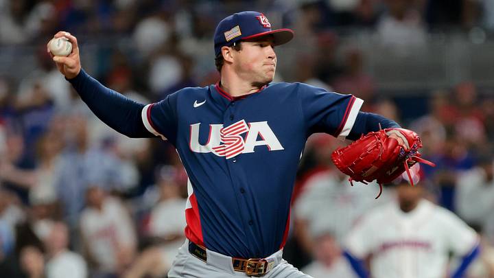 United States pitcher Mason Miller (19) delivers a pitch in the ninth inning against the Dominican Republic