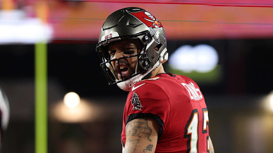Jan 12, 2025; Tampa, Florida, USA; Tampa Bay Buccaneers wide receiver Mike Evans (13) reacts after a pass interference call during the second quarter of a NFC wild card playoff against the Washington Commanders at Raymond James Stadium. Mandatory Credit: Nathan Ray Seebeck-Imagn Images | Nathan Ray Seebeck-Imagn Images