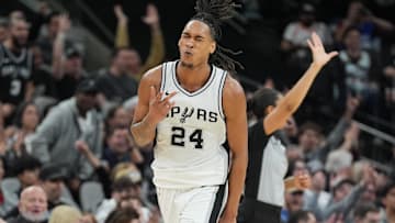 Mar 4, 2025; San Antonio, Texas, USA;  San Antonio Spurs guard Devin Vassell (24) celebrates a shot in the second half against the Brooklyn Nets at Frost Bank Center. Mandatory Credit: Daniel Dunn-Imagn Images