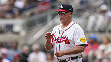 Apr 20, 2025; Cumberland, Georgia, USA; Atlanta Braves manager Brian Snitker (43) on the field during the game against the Minnesota Twins during the sixth inning at Truist Park. Mandatory Credit: Dale Zanine-Imagn Images