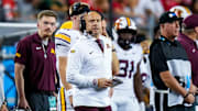 Minnesota Golden Gophers head coach P.J. Fleck reacts in the first half of the NCAA football game at Ohio Stadium on Saturday, Oct. 4, 2025 in Columbus, Ohio.