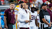 Minnesota Golden Gophers head coach P.J. Fleck reacts in the first half of the NCAA football game at Ohio Stadium on Saturday, Oct. 4, 2025 in Columbus, Ohio.