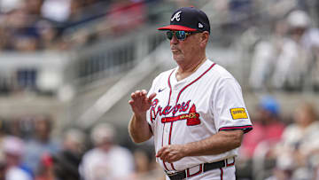 Apr 20, 2025; Cumberland, Georgia, USA; Atlanta Braves manager Brian Snitker (43) on the field during the game against the Minnesota Twins during the sixth inning at Truist Park. Mandatory Credit: Dale Zanine-Imagn Images