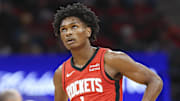 Nov 1, 2023; Houston, Texas, USA; Houston Rockets forward Amen Thompson (1) looks up during the game against the Charlotte Hornets at Toyota Center. Mandatory Credit: Troy Taormina-Imagn Images