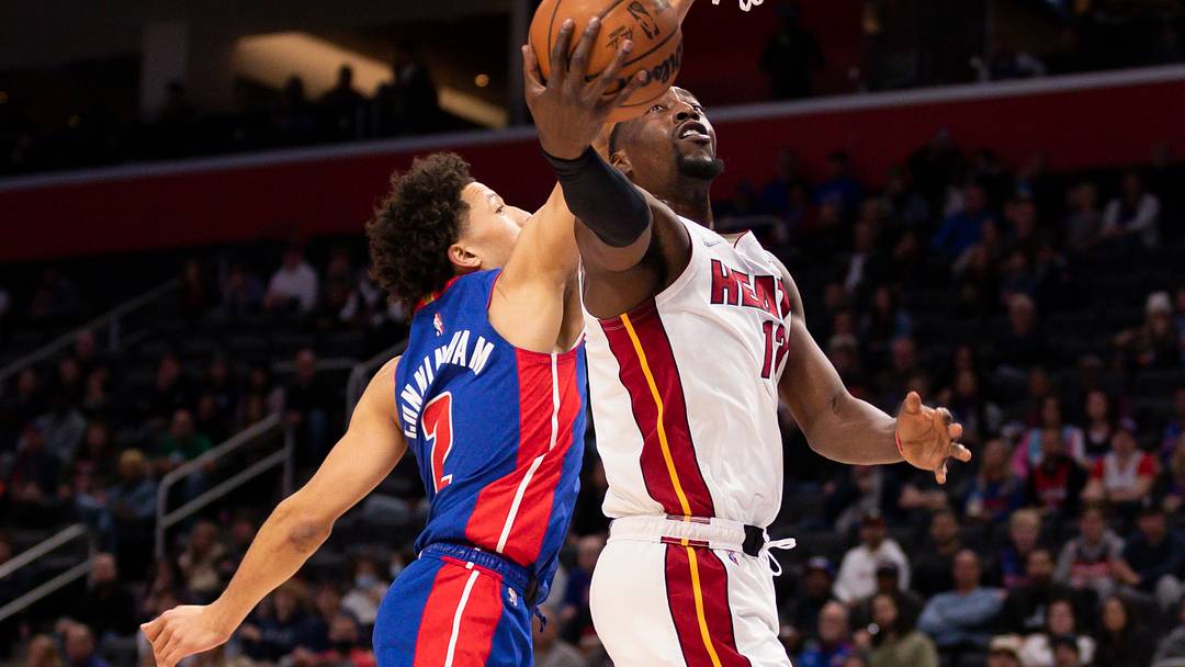 Nov 23, 2021; Detroit, Michigan, USA; Miami Heat center Bam Adebayo (13) goes up for a shot against Detroit Pistons guard Cade Cunningham (2) during the first quarter at Little Caesars Arena. Mandatory Credit: Raj Mehta-USA TODAY Sports Nov 23, 2021; Detroit, Michigan, USA; Miami Heat center Bam Adebayo (13) goes up for a shot against Detroit Pistons guard Cade Cunningham (2) during the first quarter at Little Caesars Arena. Mandatory Credit: Raj Mehta-USA TODAY Sports