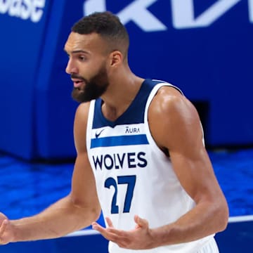 May 26, 2024; Dallas, Texas, USA; Minnesota Timberwolves center Rudy Gobert (27) reacts against the Dallas Mavericks during game three of the western conference finals for the 2024 NBA playoffs at American Airlines Center. Mandatory Credit: Kevin Jairaj-Imagn Images