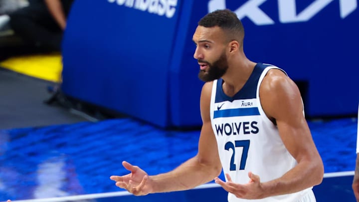 May 26, 2024; Dallas, Texas, USA; Minnesota Timberwolves center Rudy Gobert (27) reacts against the Dallas Mavericks during game three of the western conference finals for the 2024 NBA playoffs at American Airlines Center. Mandatory Credit: Kevin Jairaj-Imagn Images