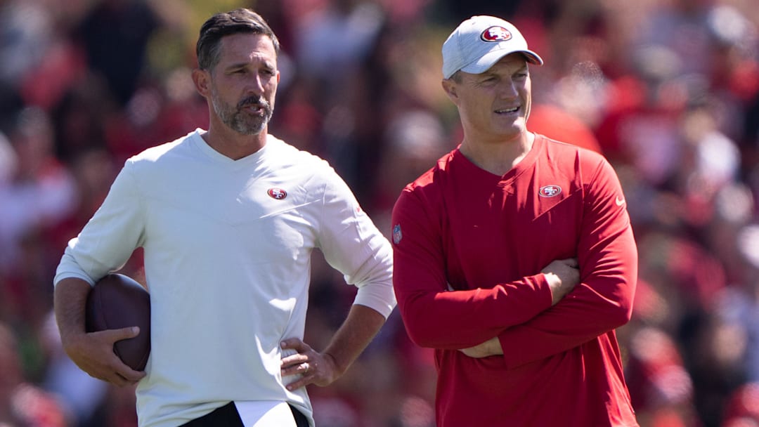 San Francisco 49ers head coach Kyle Shanahan (left) and general manager John Lynch watch the players during Training Camp at the SAP Performance Facility near Levi Stadium.
