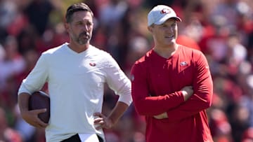 San Francisco 49ers head coach Kyle Shanahan (left) and general manager John Lynch watch the players during Training Camp at the SAP Performance Facility near Levi Stadium.