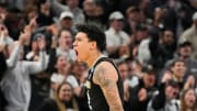Colorado Buffaloes guard KJ Simpson (2) celebrates after scoring against the Marquette Golden Eagles on Sunday, March 24, 2024, during the second round of the NCAA Men’s Basketball Tournament at Gainbridge Fieldhouse in Indianapolis. The Marquette Golden Eagles defeated the Colorado Buffaloes 81-77.