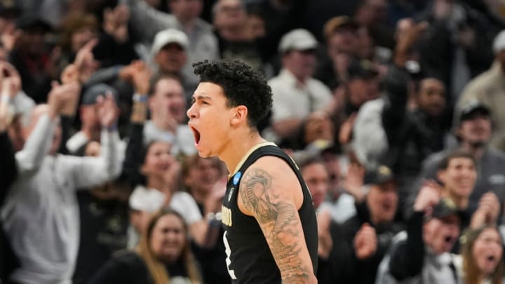 Colorado Buffaloes guard KJ Simpson (2) celebrates after scoring against the Marquette Golden Eagles on Sunday, March 24, 2024, during the second round of the NCAA Men’s Basketball Tournament at Gainbridge Fieldhouse in Indianapolis. The Marquette Golden Eagles defeated the Colorado Buffaloes 81-77.