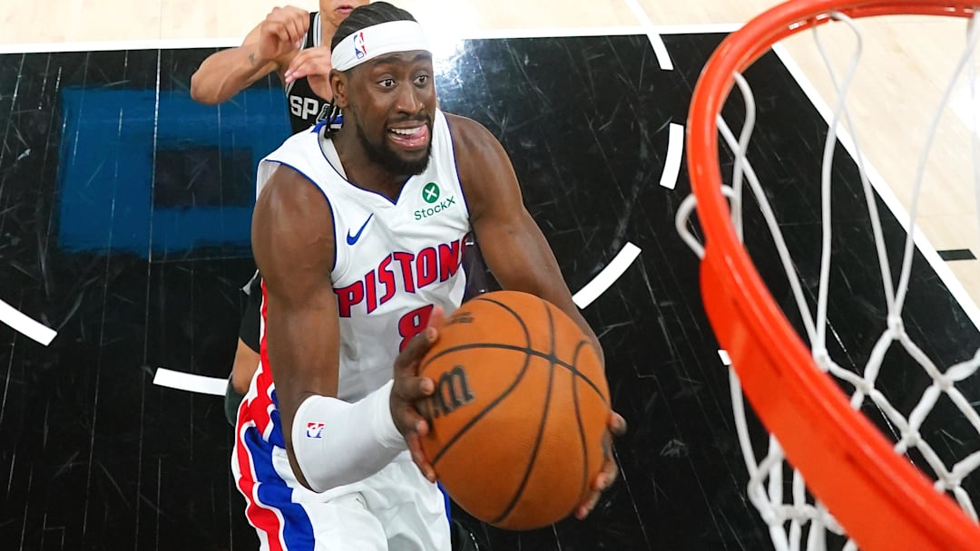 Mar 5, 2026; San Antonio, Texas, USA; Detroit Pistons guard Caris LeVert (8) drives to the basket during the second half against the San Antonio Spurs at Frost Bank Center.