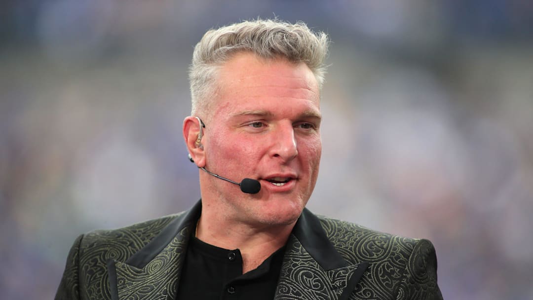 ESPN analyst Pat McAfee broadcasts live from the sidelines of Acrisure Stadium in Pittsburgh, PA prior to the start of the Pittsburgh Panthers vs Notre Dame Fighting Irish game on November 15, 2025.