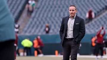 Jan 26, 2025; Philadelphia, PA, USA; Philadelphia Eagles general manager Howie Roseman looks on before the NFC Championship game at Lincoln Financial Field. Mandatory Credit: Bill Streicher-Imagn Images