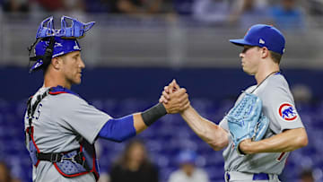 Sep 21, 2022; Miami, Florida, USA; Chicago Cubs pitcher Keegan Thompson (right) and Chicago Cubs