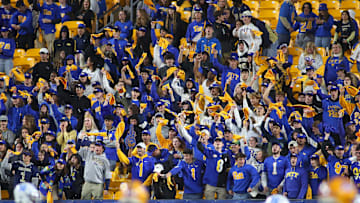 The Pittsburgh Panthers student section reacts after a turnover during the second half against the North Carolina Tar Heels at Acrisure Stadium in Pittsburgh, PA on September 23, 2023.