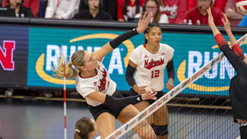 Nebraska opposite hitter Allie Sczech attacks against Ohio State.