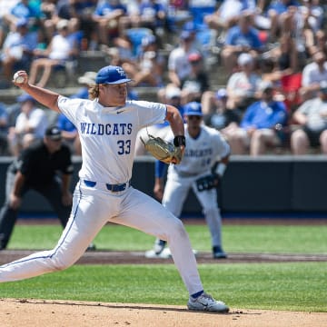 Kentucky's Travis Smith (33) brought some heat against Ball State in the NCAA Tournament Lexington Regional at Kentucky Proud Park in Lexington, Ky. The Wildcats defeated the Cardinals 4-0. Friday, June 2, 2023