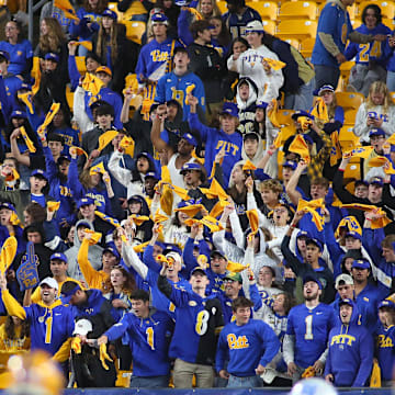 The Pittsburgh Panthers student section reacts after a turnover during the second half against the North Carolina Tar Heels at Acrisure Stadium in Pittsburgh, PA on September 23, 2023.