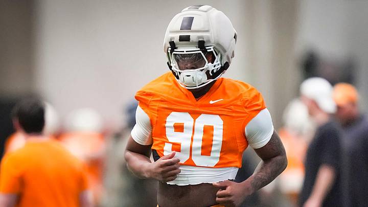 Tennessee defensive lineman Chaz Coleman (90) during the Vols' first spring football practice in Knoxville on March 16, 2026.