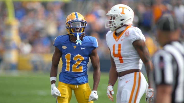 M.J. Devonshire (12) of the Pittsburgh Panthers reacts after knocking the ball away from Cedric Tillman (4) of the Tennessee Volunteers during the first half at Acrisure Stadium in Pittsburgh, PA on September 10, 2022.

Pittsburgh Panthers Vs Tennessee Volunteers