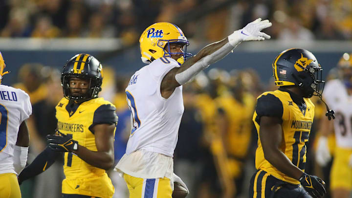 Pittsburgh Panthers Bub Means (0) reacts after gaining the first down during the first half against the West Virginia Mountaineers at Milan Puskar Stadium in Morgantown, WV on September 16, 2023.