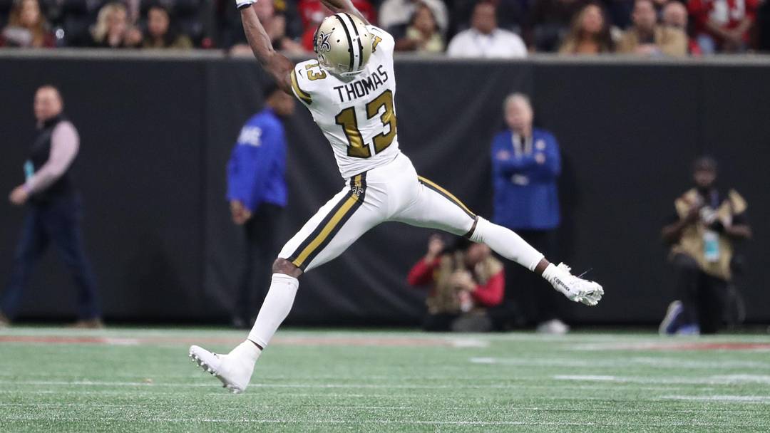 Dec 7, 2017; Atlanta, GA, USA; New Orleans Saints wide receiver Michael Thomas (13) makes a catch in the fourth quarter against the Atlanta Falcons at Mercedes-Benz Stadium. Mandatory Credit: Jason Getz-Imagn Images