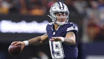 Jan 5, 2025; Arlington, Texas, USA; Dallas Cowboys quarterback Trey Lance (19) throws a pass against the Washington Commanders during the fourth quarter at AT&T Stadium. Mandatory Credit: Tim Heitman-Imagn Images