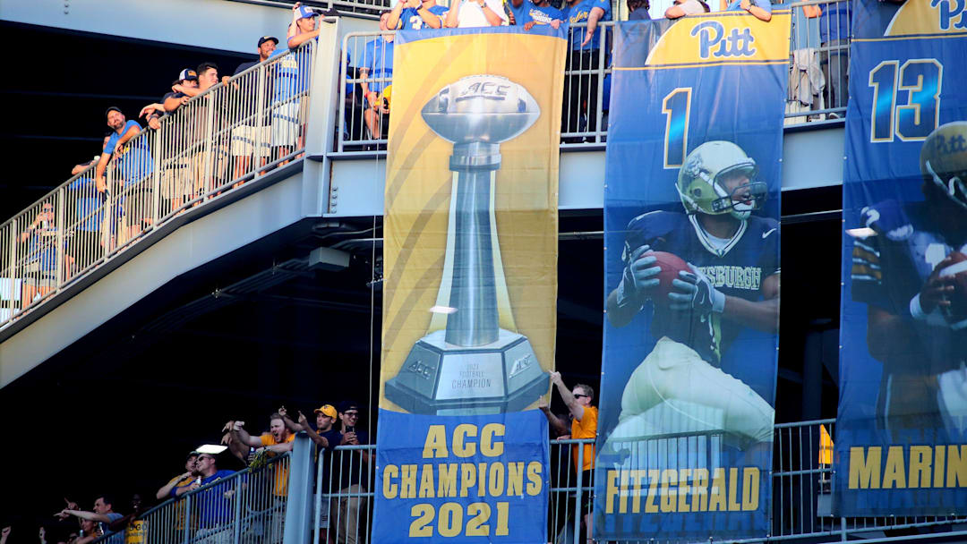Former Pittsburgh Panthers including first round draft pick Kenny Pickett unveil the Panthers 2021 ACC Championship banner during the first half of the Backyard Brawl against the West Virginia Mountaineers at Acrisure Stadium in Pittsburgh, PA on September 1, 2022.
Pitt Vs West Virginia Backyard Brawl Former Pittsburgh Panthers including first round draft pick Kenny Pickett unveil the Panthers 2021 ACC Championship banner during the first half of the Backyard Brawl against the West Virginia Mountaineers at Acrisure Stadium in Pittsburgh, PA on September 1, 2022.
Pitt Vs West Virginia Backyard Brawl