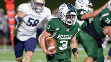 Billerica senior captain Dominic Gird carries the ball for some yardage during the Division 3 round of 8 game against Hanover in Billerica, Nov. 12, 2021. The Indians defeated the Hawks, 15-14.

Bill Football8