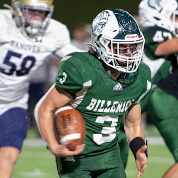 Billerica senior captain Dominic Gird carries the ball for some yardage during the Division 3 round of 8 game against Hanover in Billerica, Nov. 12, 2021. The Indians defeated the Hawks, 15-14.

Bill Football8