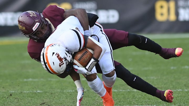 Beaver Falls' Trey Singleton is tackled by Steel Valley's Da'ron Barksdale during Friday's Class 2A WPIAL championship game at Acrisure Stadium.
Beaver Falls Loses To Steel Valley Beaver Falls' Trey Singleton is tackled by Steel Valley's Da'ron Barksdale during Friday's Class 2A WPIAL championship game at Acrisure Stadium.
Beaver Falls Loses To Steel Valley