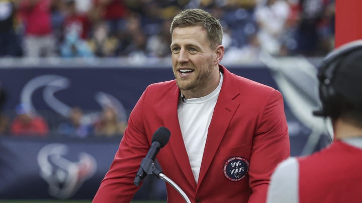 Oct 1, 2023; Houston, Texas, USA; Former Houston Texans player J.J. Watt speaks to the crowd after being inducted into the Texans Ring of Honor during the game against the Pittsburgh Steelers at NRG Stadium. Mandatory Credit: Troy Taormina-USA TODAY Sports