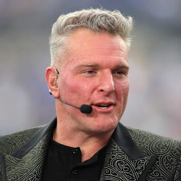 ESPN analyst Pat McAfee broadcasts live from the sidelines of Acrisure Stadium in Pittsburgh, PA prior to the start of the Pittsburgh Panthers vs Notre Dame Fighting Irish game on November 15, 2025.