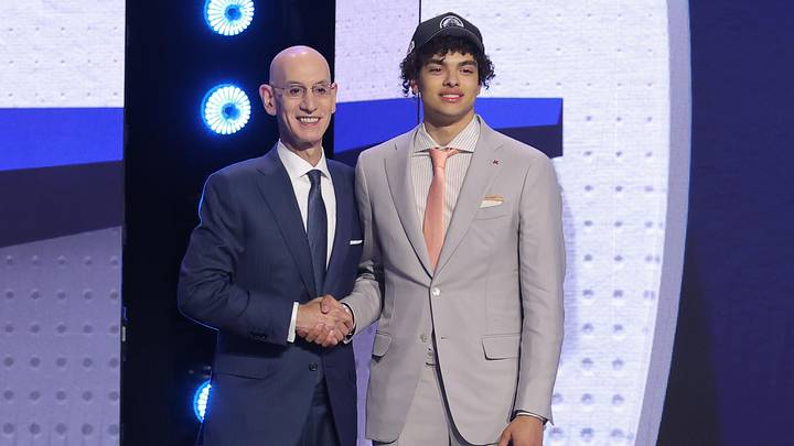 Jun 23, 2026; New York, NY, USA; NBA commissioner Adam Silver greets the fifth pick in the 2026 NBA draft, Illinois guard Keaton Wagler after he was selected by the Los Angeles Clippers at Barclays Center. Mandatory Credit: Brad Penner-Imagn Images
