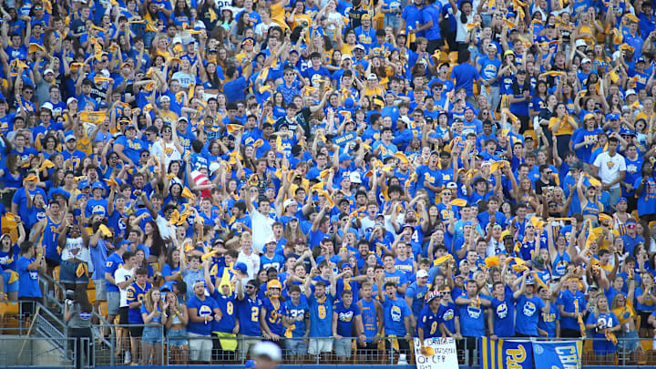 Pittsburgh Panthers student section erupts after they display the Panthers 2021 ACC Championship banner during the first half of the Backyard Brawl against West Virginia at Acrisure Stadium in Pittsburgh, PA on September 1, 2022.

Pitt Vs West Virginia Backyard Brawl