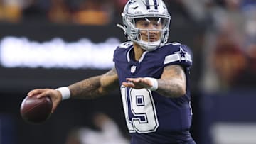 Jan 5, 2025; Arlington, Texas, USA; Dallas Cowboys quarterback Trey Lance (19) throws a pass against the Washington Commanders during the fourth quarter at AT&T Stadium. Mandatory Credit: Tim Heitman-Imagn Images